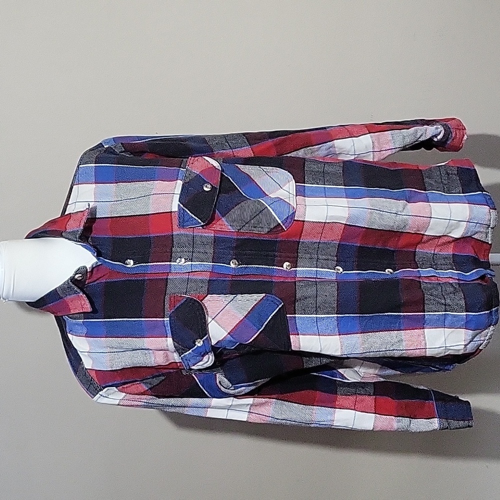 Private Property Men's Red White And  Blue Womens Plaid Shirt Size Large